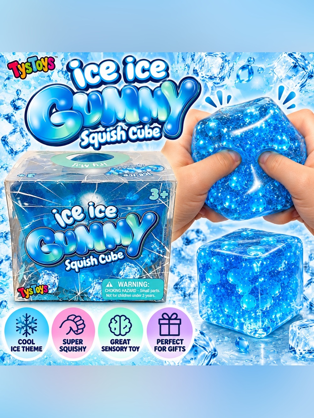 TysToys Ice Ice Gummy Squish Cube Blue Sensory Fidget Toy NEW